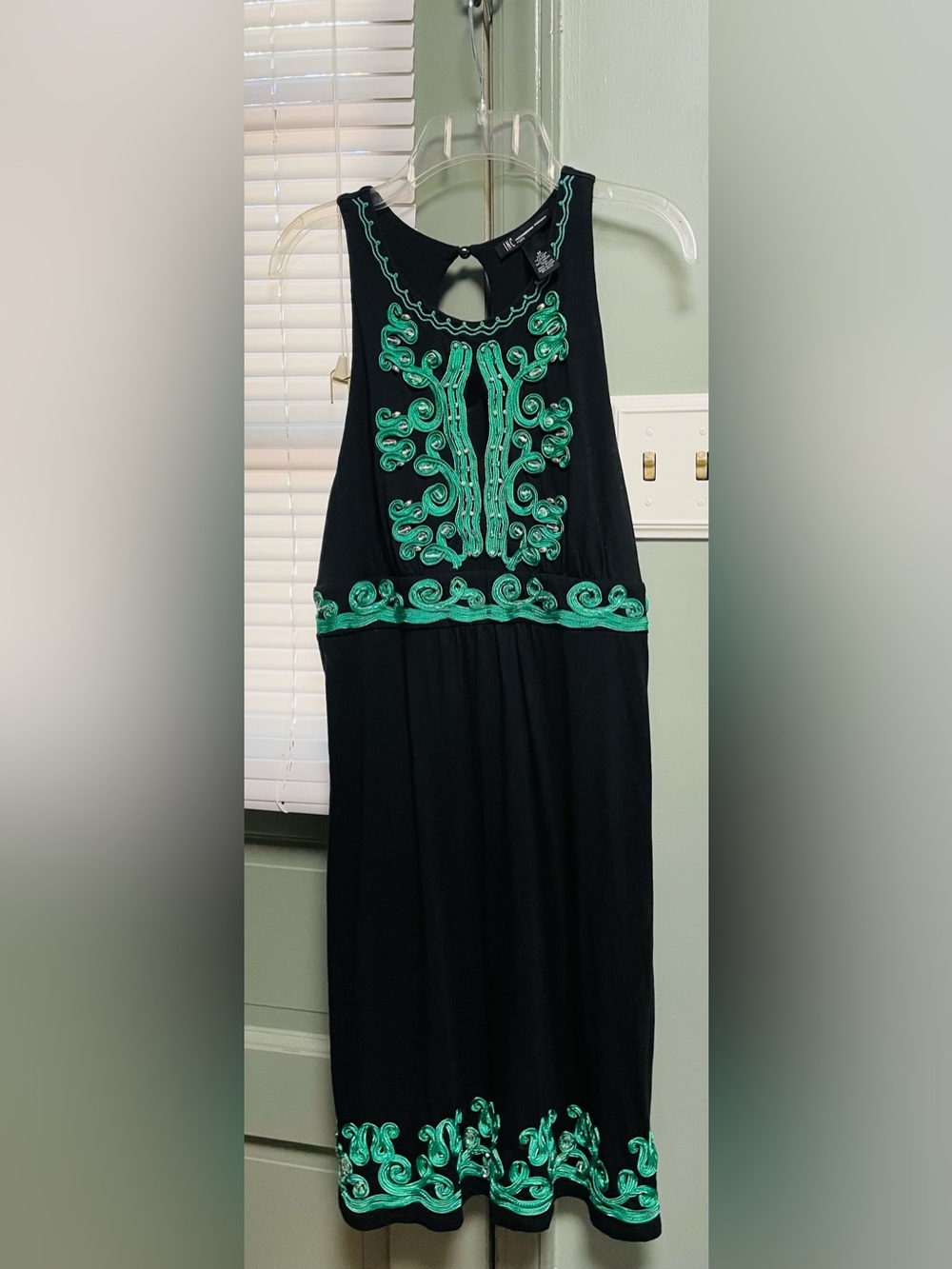INC International Concepts Black Maxi Dress with Green Embroidery
